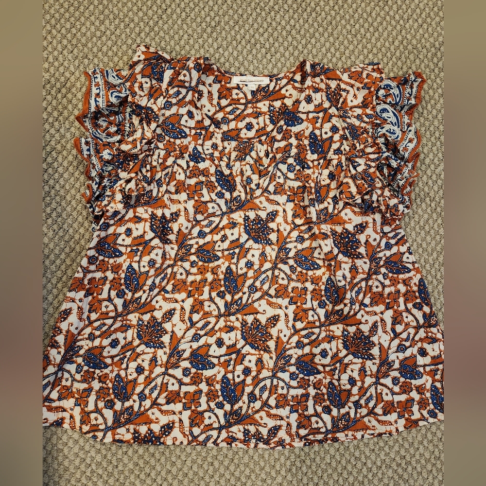 Love The Label Sleeveless Double Ruffle V Neck Block Print Shirt Sz MED